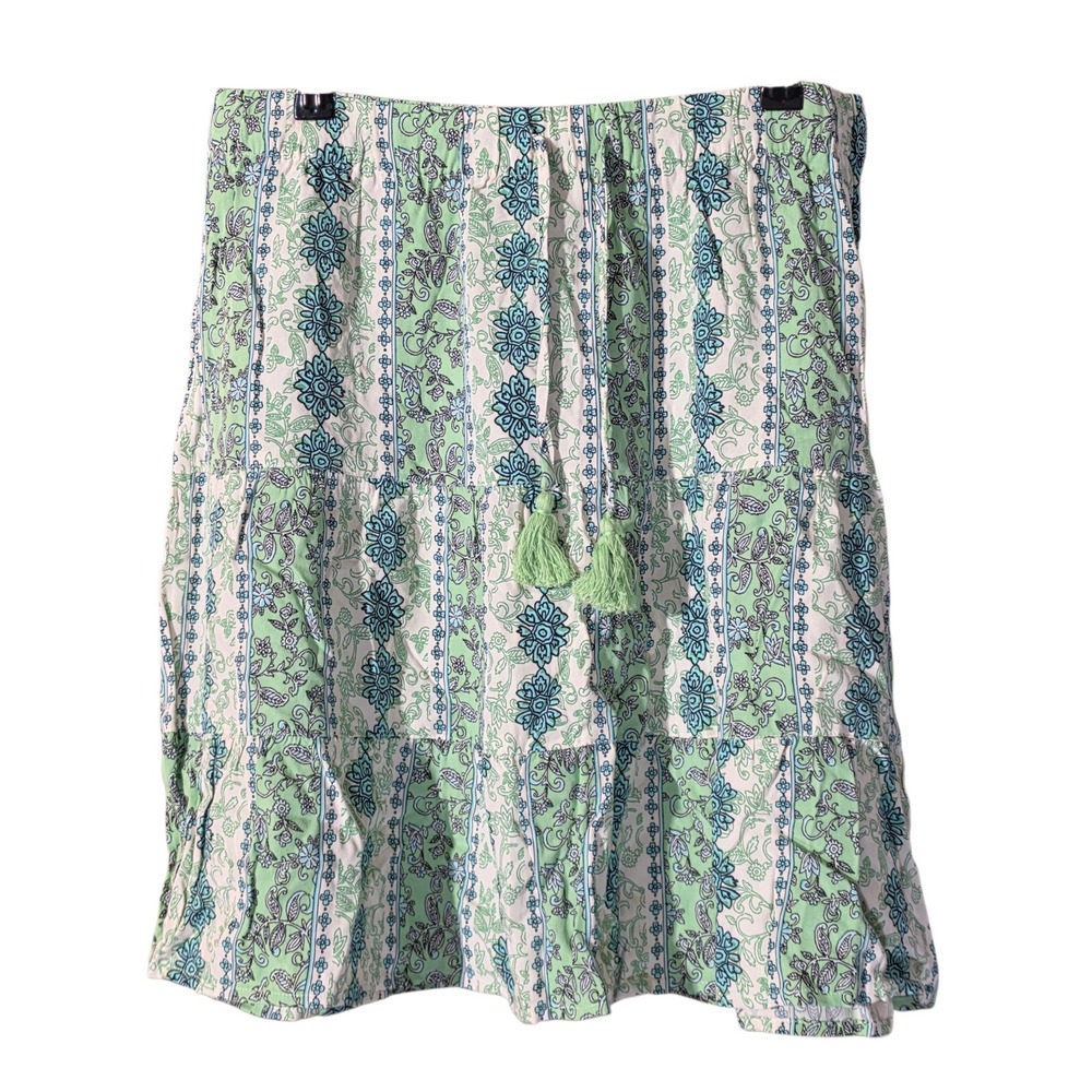NEW J. Jill Petite Small Green Floral Mojito Stripe Tiered Tassel Rayon Skirt SP